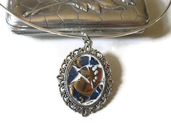 Victorian Pendant Romantic Necklace Mosaic Mother's Day Oval  Blue Gold Czech Glass