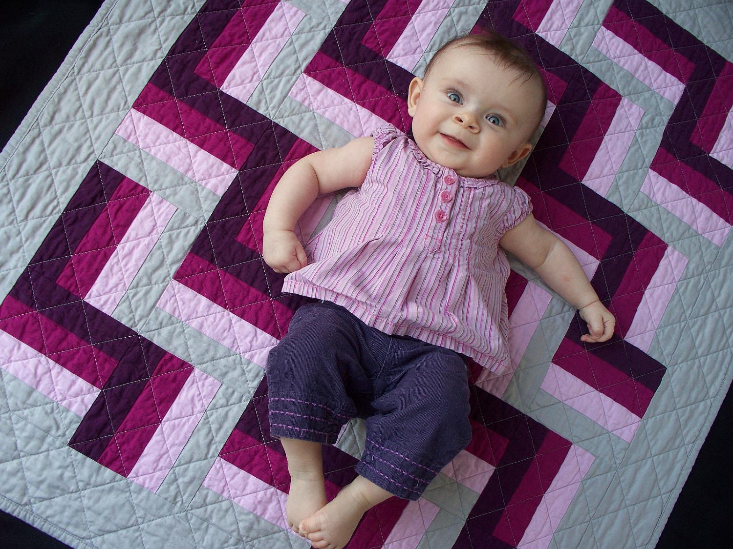 Modern Baby Girls Quilt in Pink, Purple & Gray w/ FREE U.S Shipping