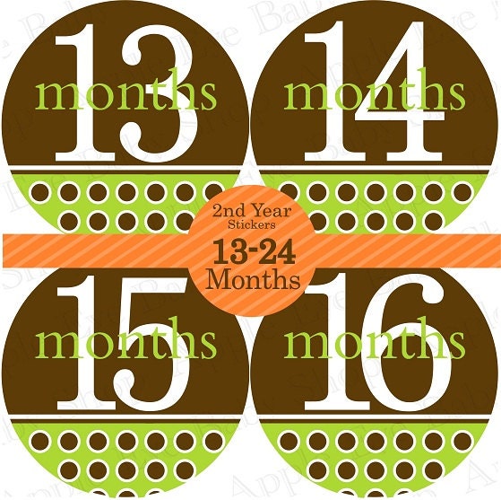 13 to 24 Monthly Onesie Stickers 2nd Year Neutral JK BABIES (green.brown.white) Capture how your baby is growing