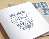Wedding Letterpress card Eat, congratulations, Drink and be Married. navy blue, royal blue, dark blue, gift tag, wedding gift