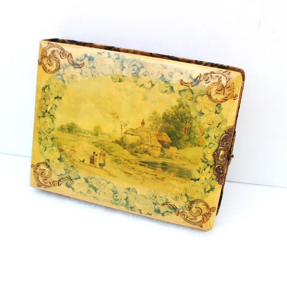 Victorian Photo Album, Antique Celluloid, Landscape Art, Vintage Photographs - Yellow - Green - Gold