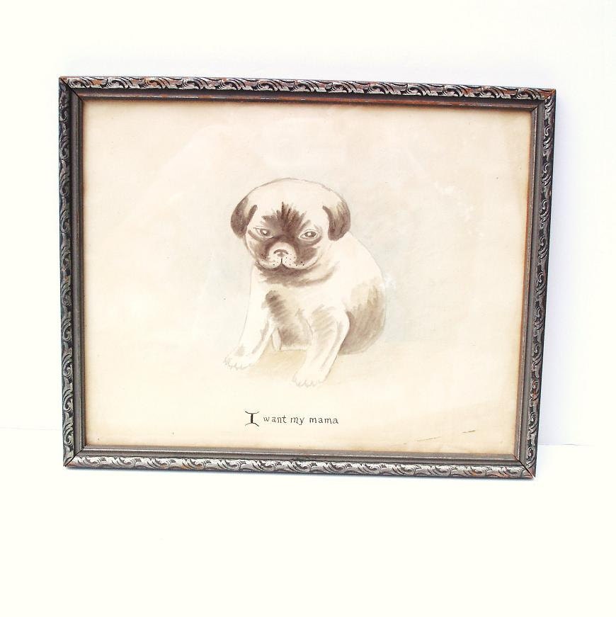 Vintage Framed Dog Picture Old Wood Frame Puppy Vintage Pencil Sketch Puppy Silver Wood Frame Wall Art