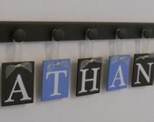 Personalized Baby Items for Boy Nursery - NATHANIEL with 9 Wooden Pegs in Chocolate Brown, Light Blue