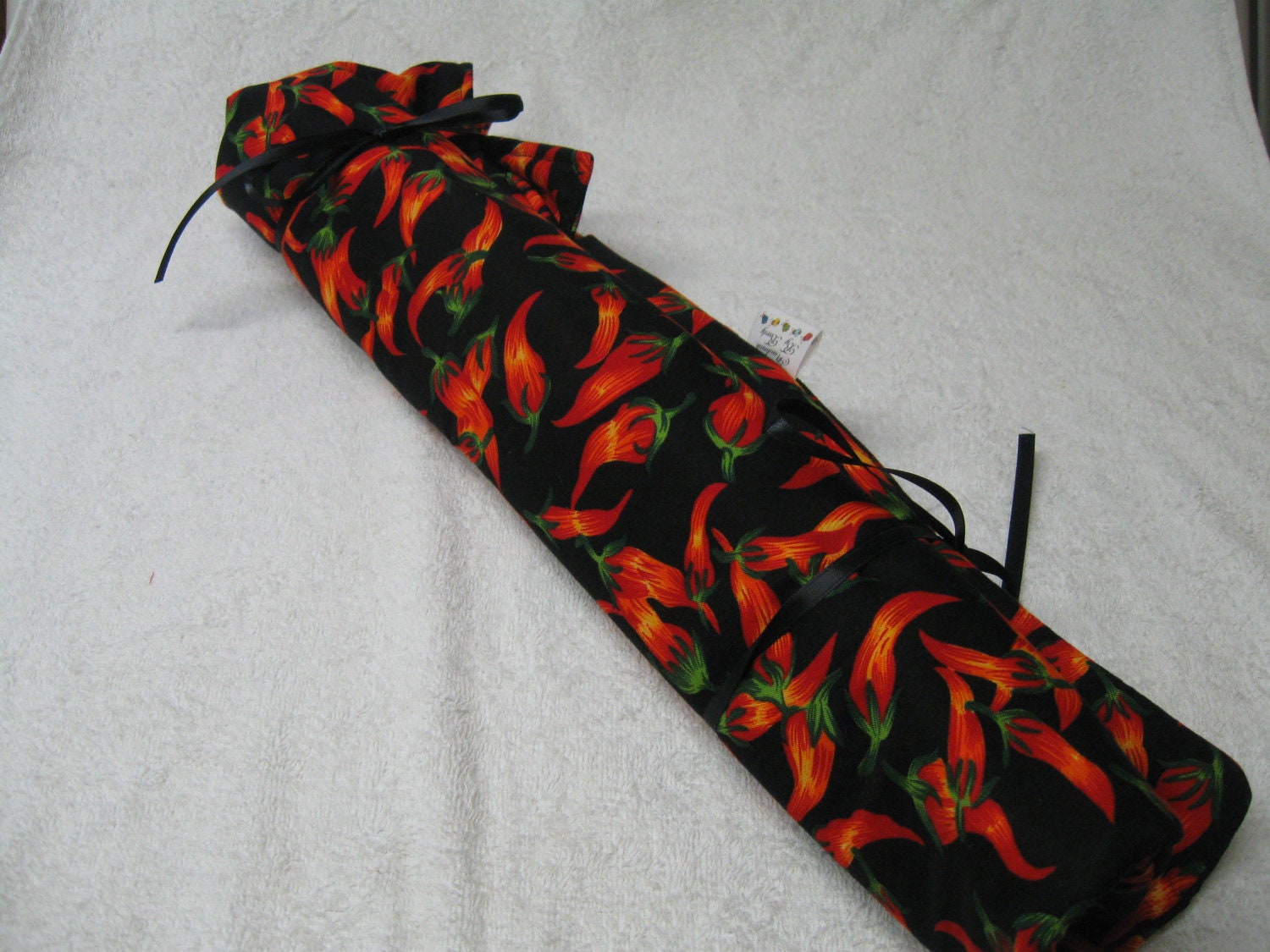 Chefs Knife Organizer Carrier Knife Holder Made of Cotton Heavy Padded Fabric with Four Pockets Red Hot Pepper Print