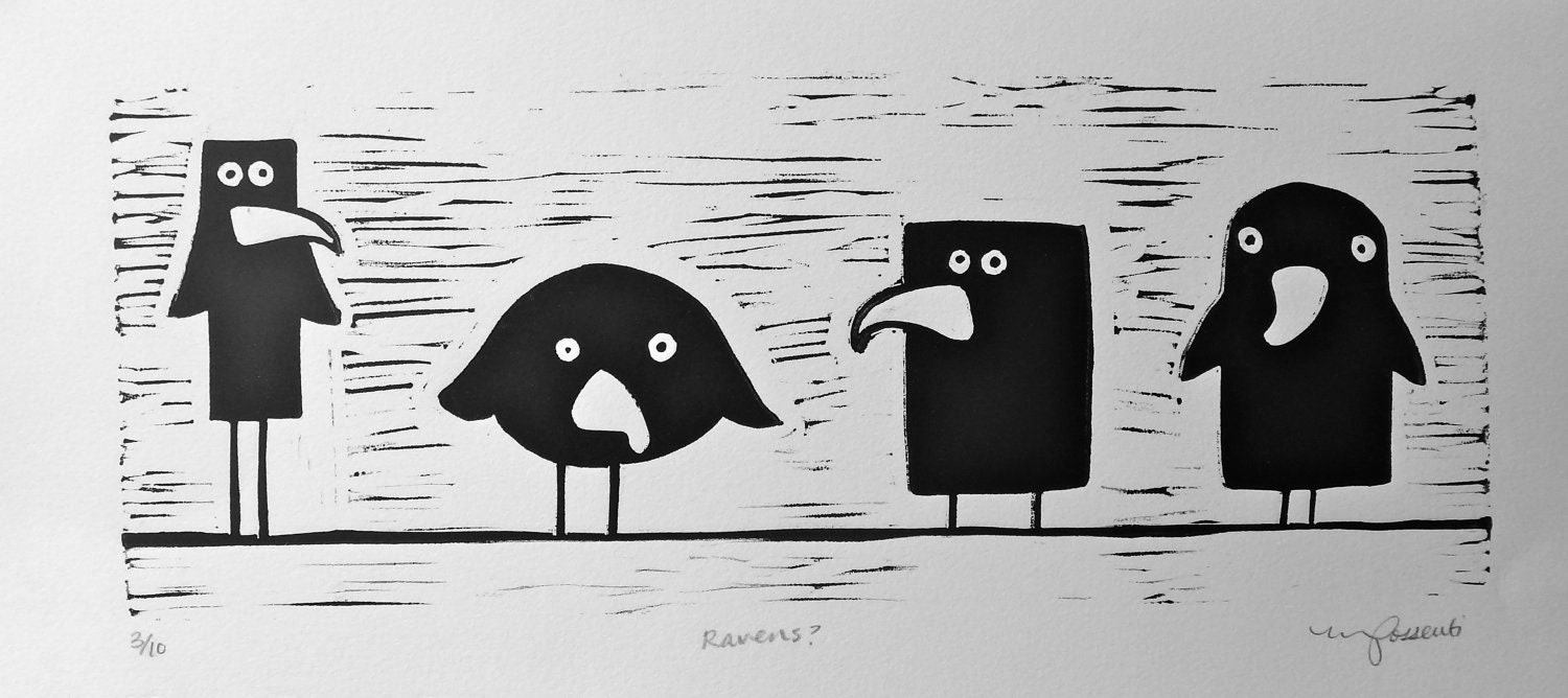 Ravens Linoleum Relief Print