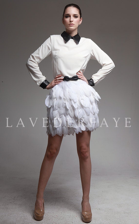 Couture White Goose Feather Knee Skirt - Laveder Faye