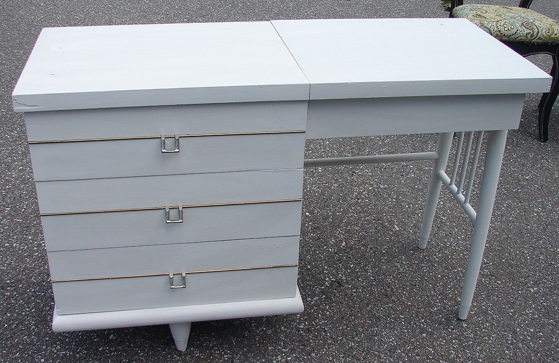 SALE Vintage Reclaimed White Paint Shabby Chic Mid Century Modern Vanity Dressing Table Desk w Flip Mirror (call for ship quote)