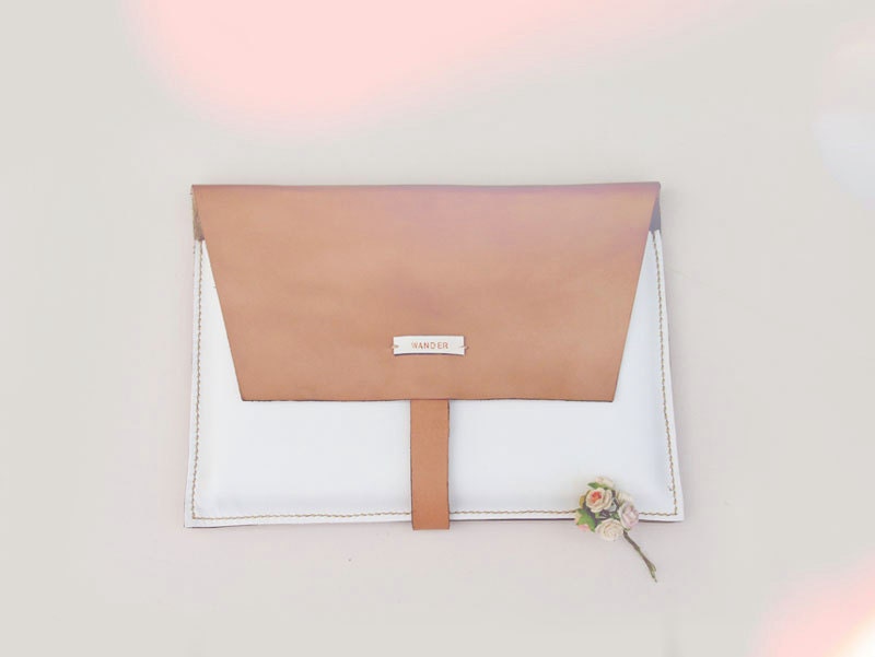 Handmade Ipad Sleeve - Saddlebrown and White