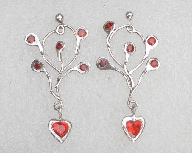 Red heart earrings silver sterling and fine