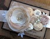 Gloria- Bridal Sash in Ivory Cream, Champagne, Nude and Bridal White Rosette Sash with beautiful pearl, crystals and rhinestone details...