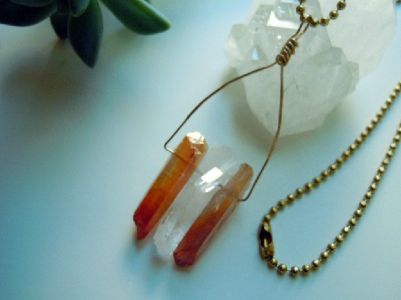 Raw Crystal Necklace - Mystic Golden Aura and Clear Crystal Quartz Points - Handmade Geometric Pyramid - Natural History - Natural Glam