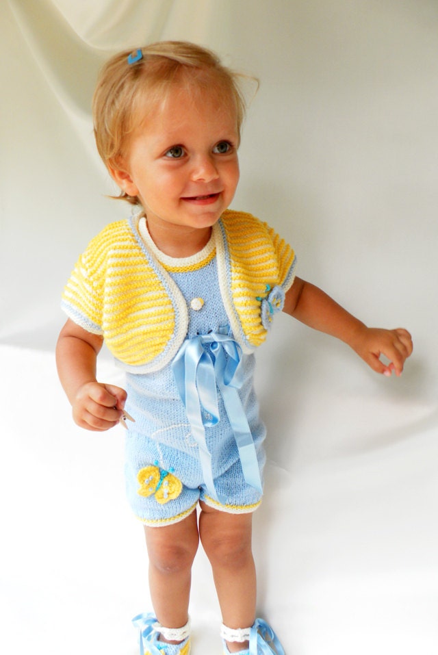 Hand-knitted baby set in three parts - overalls, bolero and Slippers in blue, yellow and vanilla, SPECIAL OFFER - now only 69.99 dollars