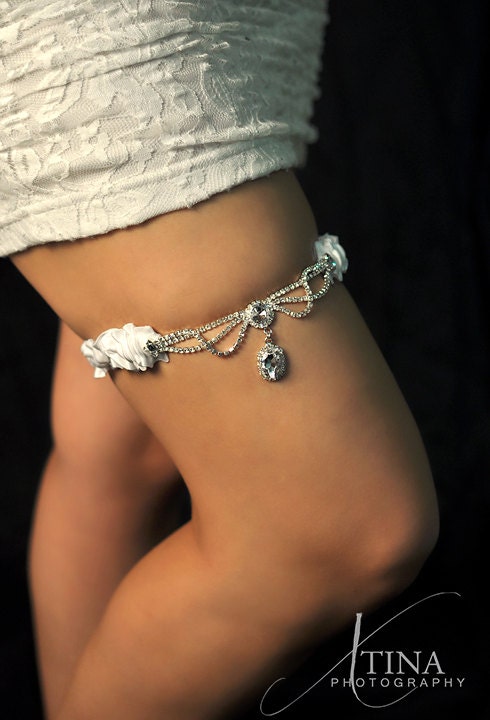 Sexy Glam Couture Crystal White Satin Wedding Garter