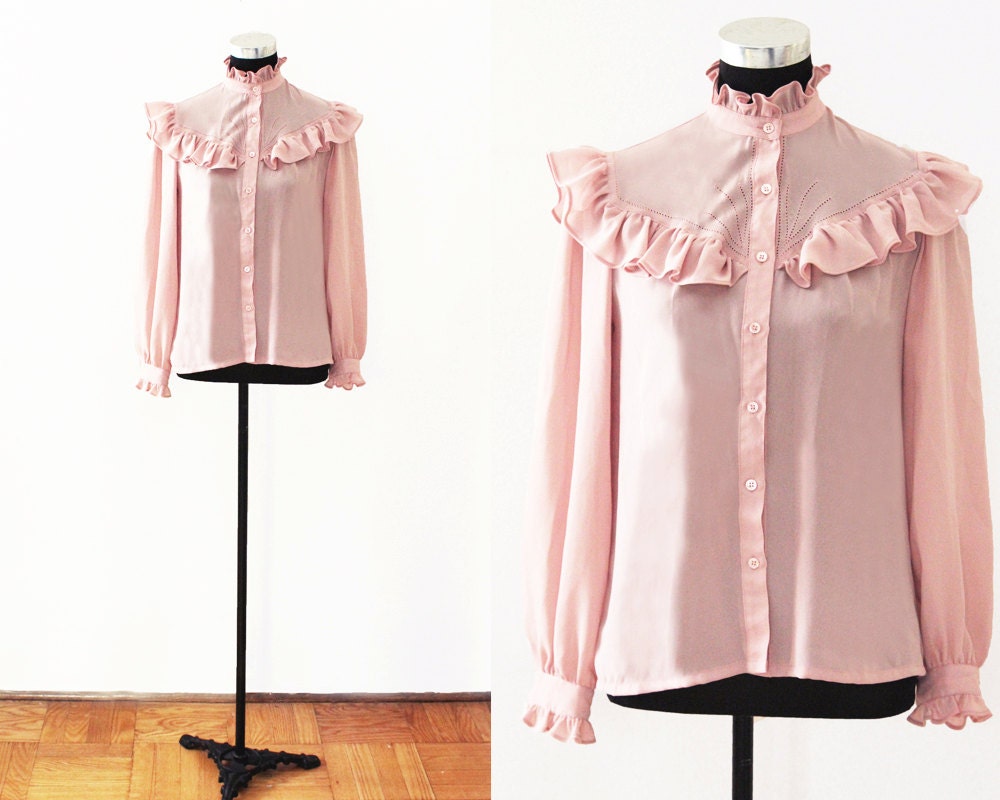 Vintage Blouse, Sheer PALE PINK Ruffle Blouse, High neck Blouse, Frilly Top
