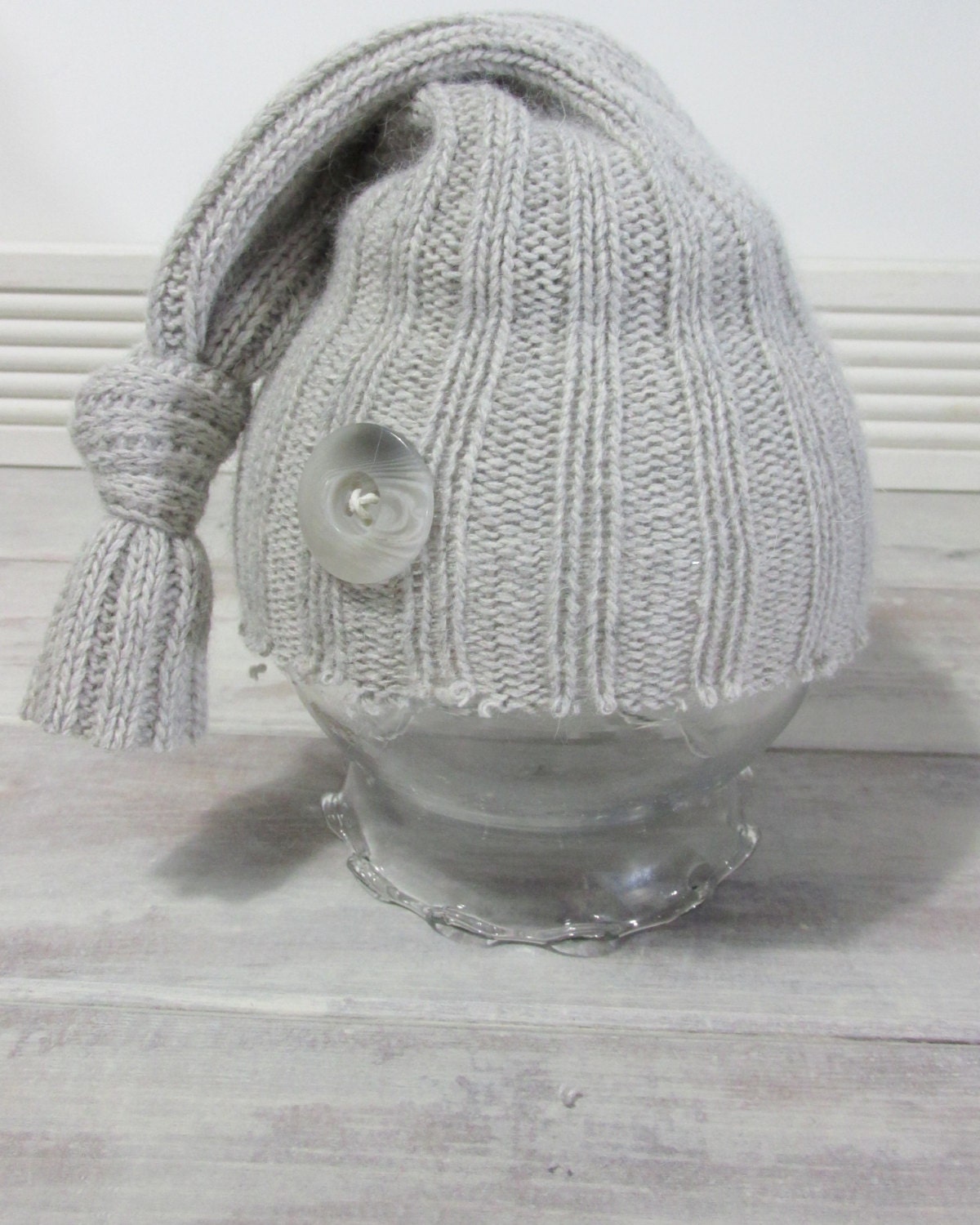 Gray soft upcycled knit hat for newborn photography props for boy or girl
