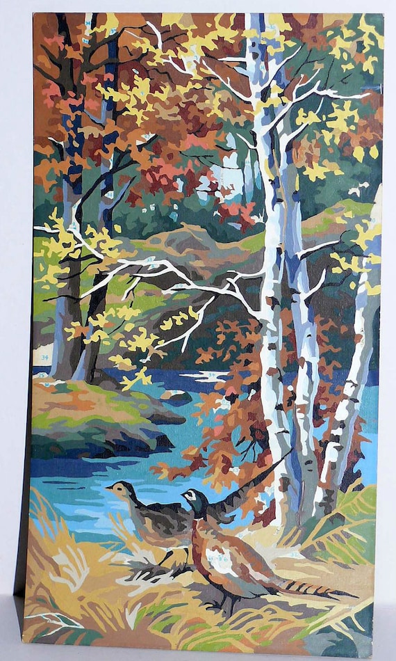 PBN Pheasants and Birch Trees Paint By Number Kit Painting Kitsch Vintage Collectible
