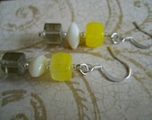 Silver Gray Earrings, Sunshine Yellow Glass Earrings, Gray and Yellow Earrings, White Shell Beaded Jewellry