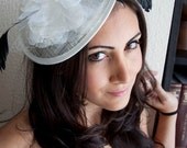 White Fascinator Hat - "Delilah" Couture White Sinamay Fascinator with white Birdcage, Flowers & Feathers