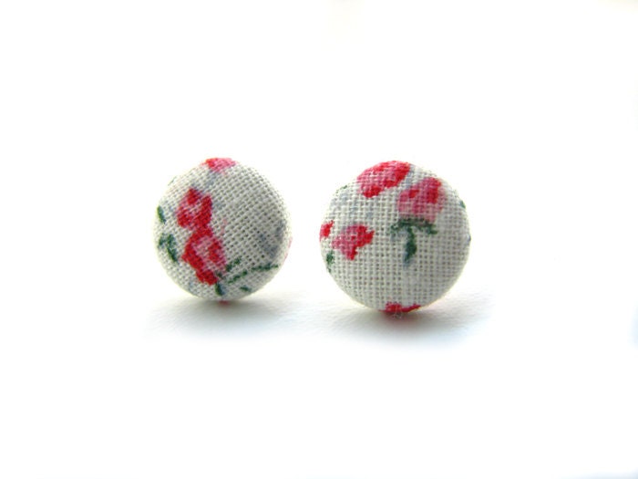 Fabric button earrings, stud earrings, floral earrings, covered button ear, small earrings