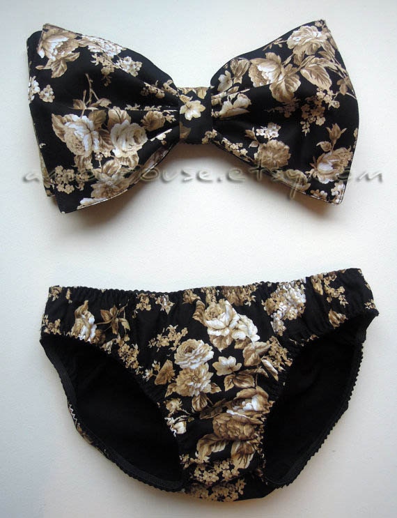 Black and tan vintage rose bow bandeau set- Made to order