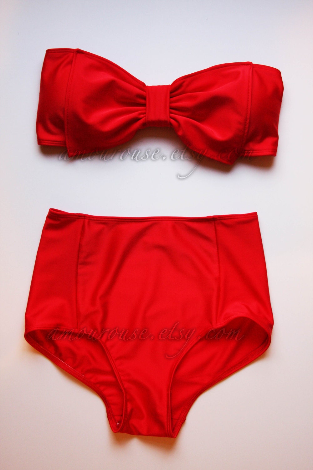Cherry Red Lycra Swim Fabric with Padding and High Waist Bottom