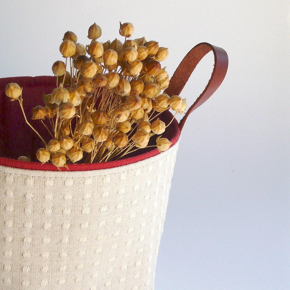 Fabric basket handmade cotton linen natural dotted red ready to ship