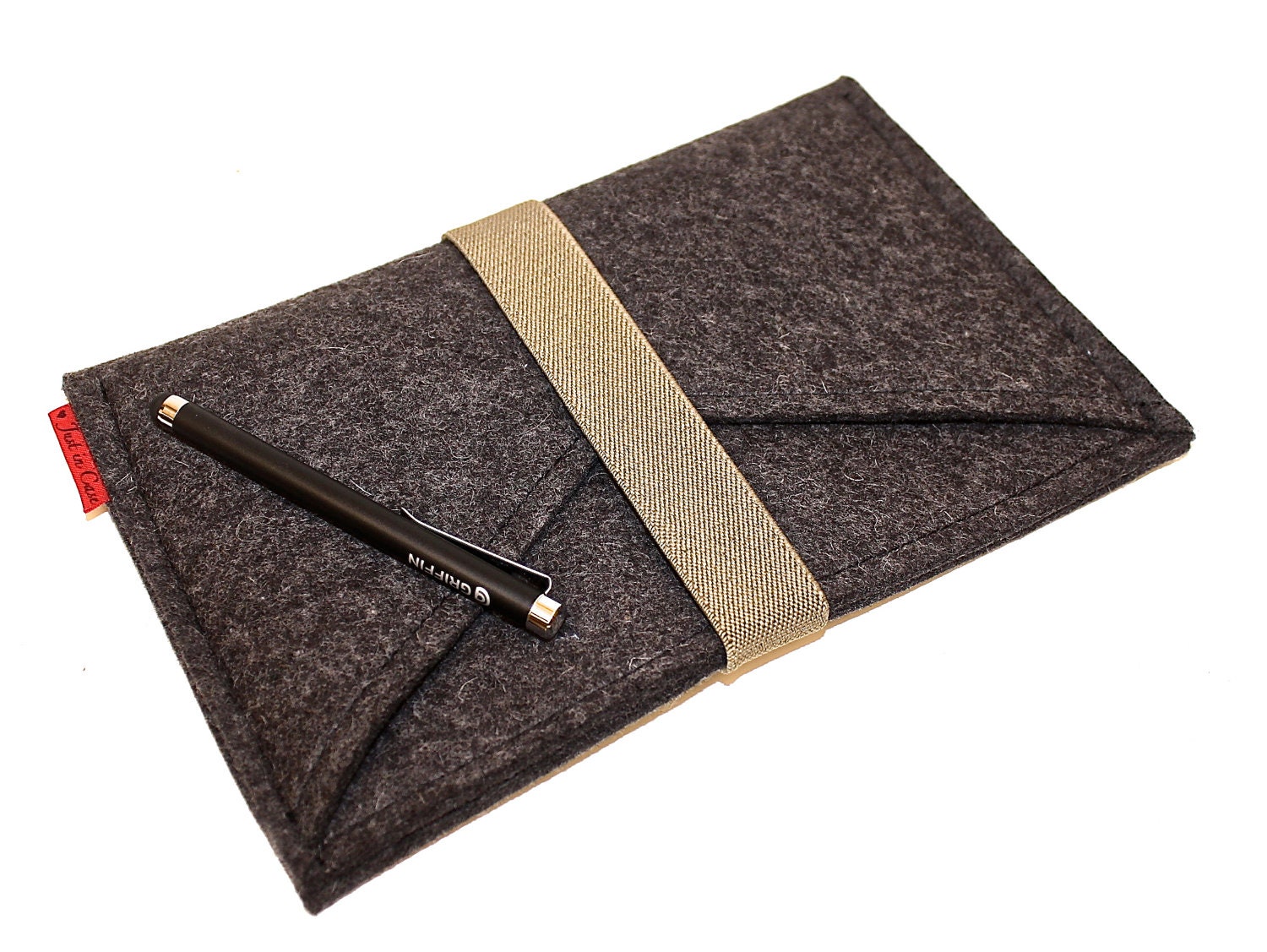 iPad Mini Wool Felt Sleeve/Case Double Pocket in Anthracite with Elastic Trim
