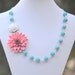 Large Coral Flower and White Rose and Turquoise Beaded Asymmetrical Statement Necklace - Bold Summer Fashion Chunky Statement Necklace
