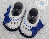 Baby Shoes, Crochet Baby Booties - Baby Girl Booties - Ballet Slippers - Dark Blue, White, Bow Shoes, Glass Beads, READY TO SHIP