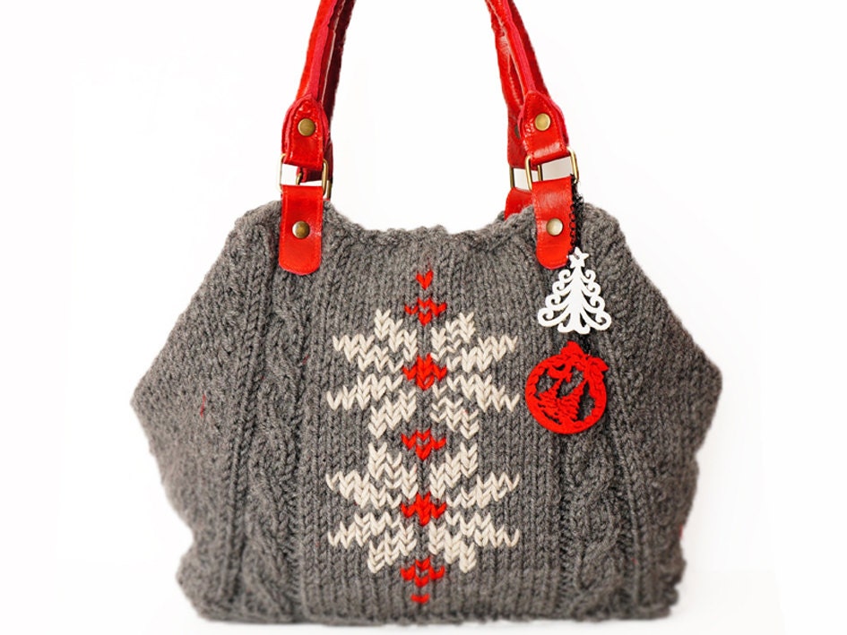 Grey Shoulder Bag Celebrity Style With Genuine Leather Red Straps / Handles hand bag hand made-knit bag