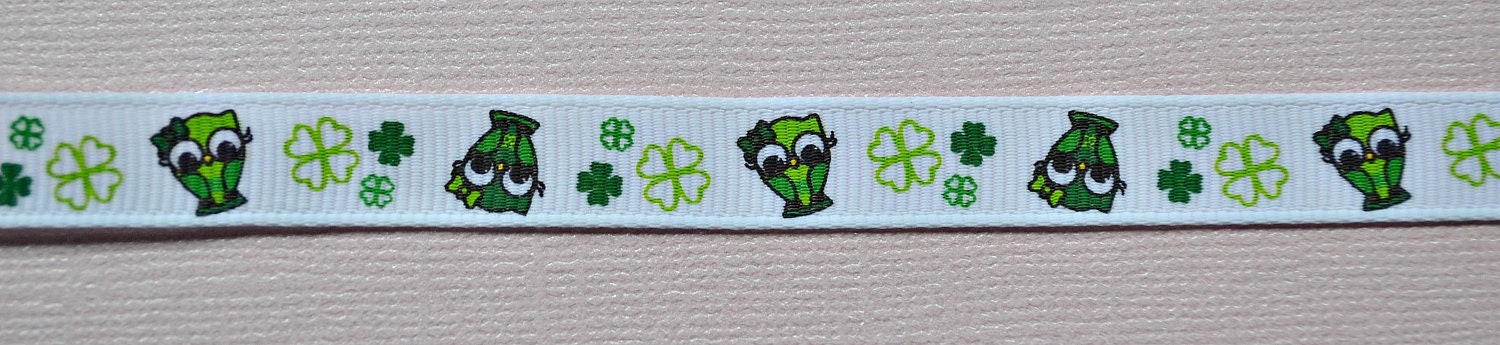 St patty's day owls on white 3/8" grosgrain ribbon Il_570xn
