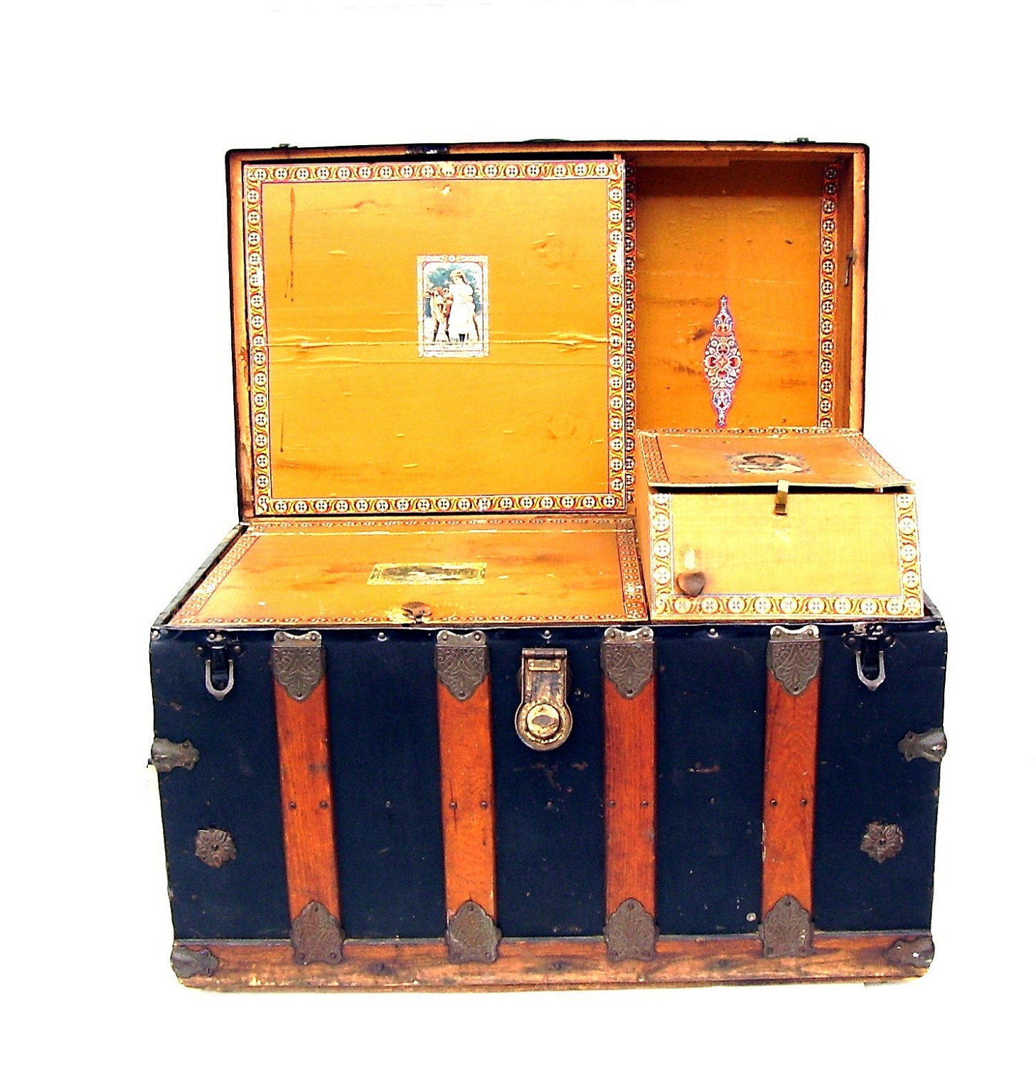 Vintage Steamer Trunk Antique Wood and Metal Waterfall Flat top Large