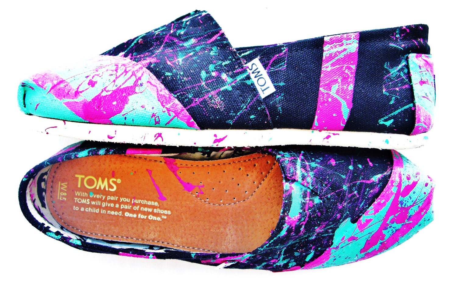 The Millie - Fuscia and Teal Neon Splatter Paint Custom TOMS