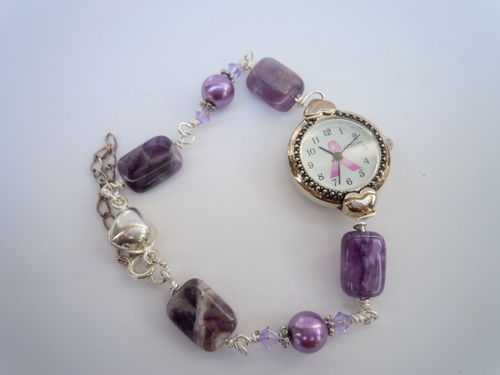 Round Two Toned Watch Face showing the Pink Cancer Ribbon adorned with Purple Agate and lavender pearls and the Easiest Clasp Ever