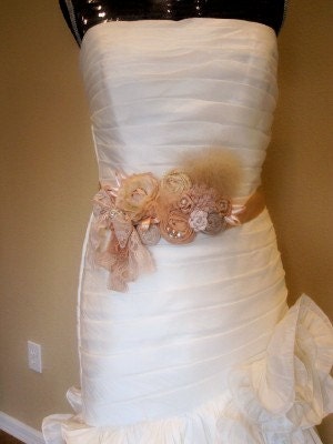 Bridal Sash Blush & Neutrals Rosette Wedding or Maternity Sash Vintage-inspired w/ Handrolled Fabric Rosettes and Feathers
