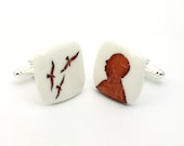 Alfred Hitchcock Cuff Links Silhouette The Birds Horror Movie on White Porcelain Handmade  Psychological Thriller