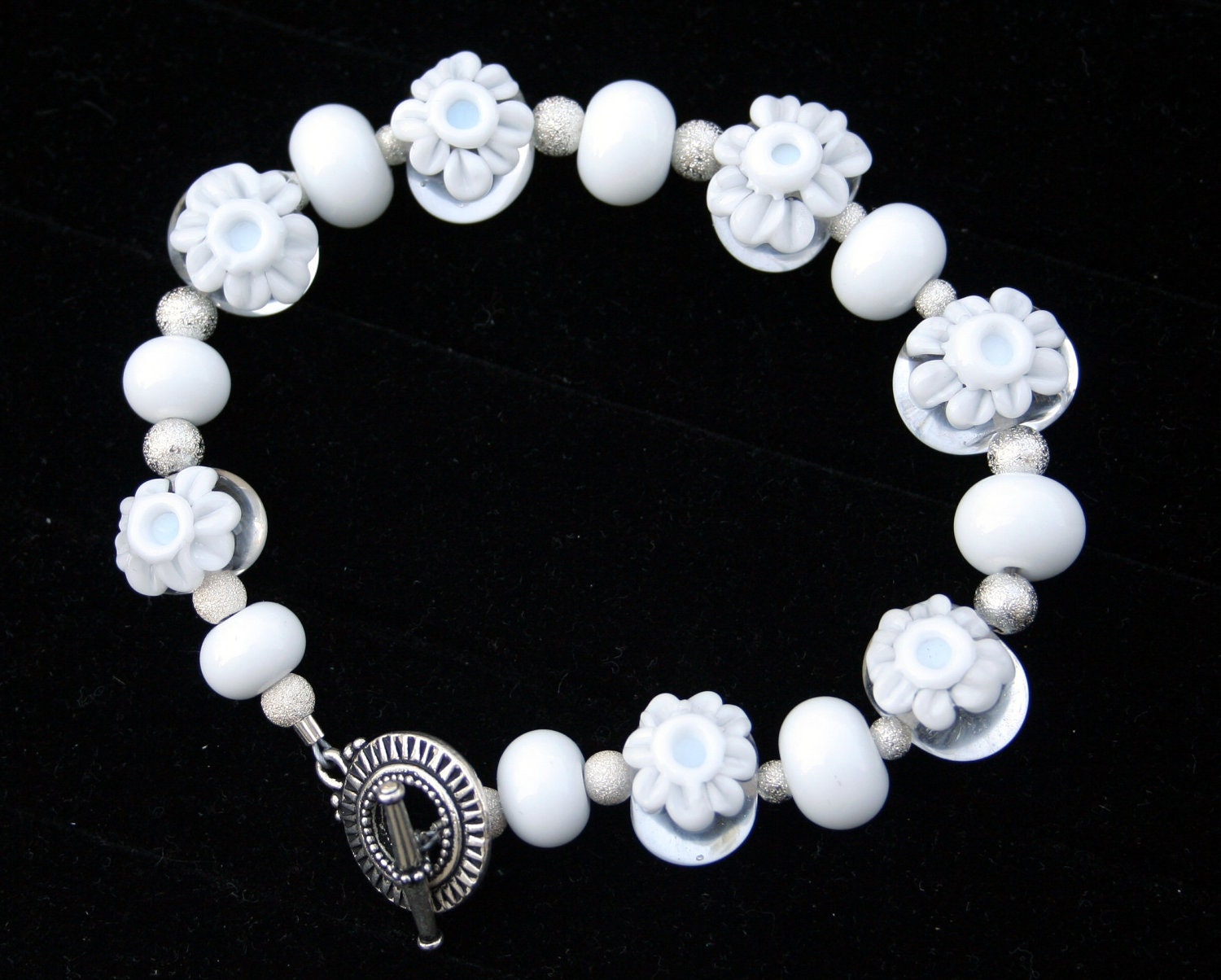 Winter White Blooming Daisy Lampworking Toggle Bracelet