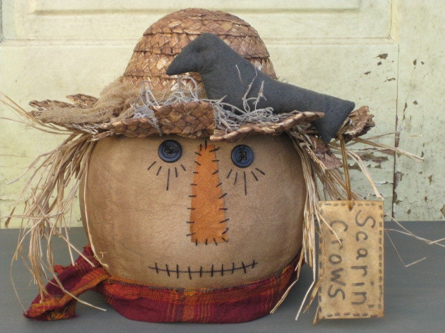 Primitive Scarecrow Head - Halloween - Fabric - Centerpiece - "Scarin' Crows"