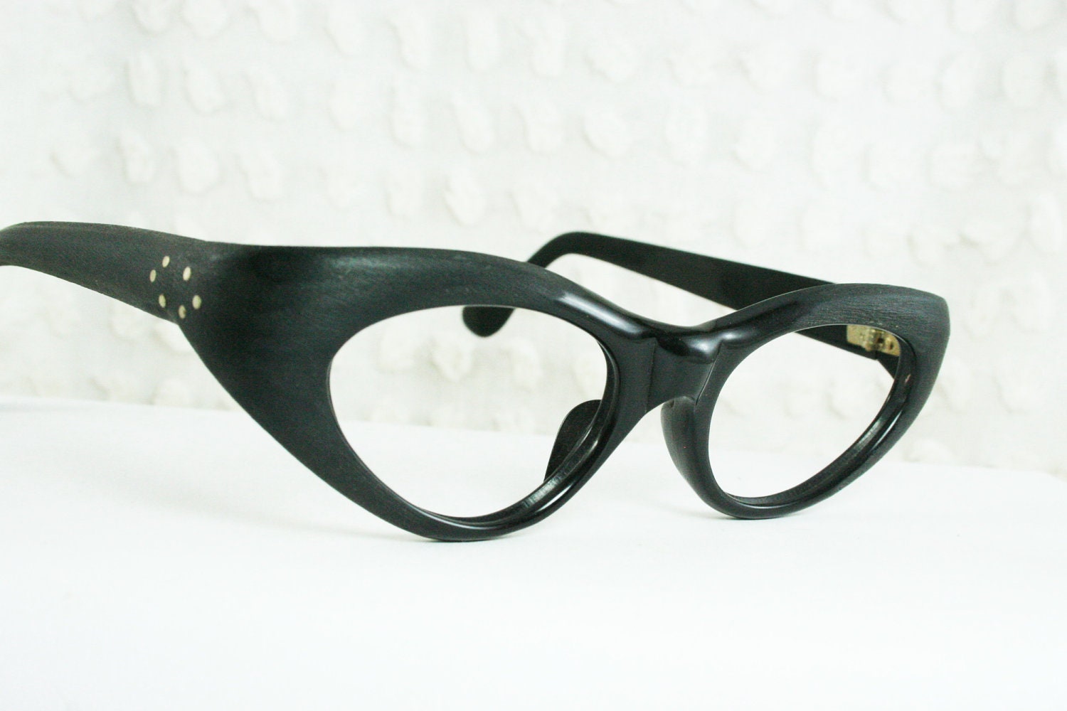 Vintage 60s Cat Eye Glasses 1960's Black Wood Grain Eyeglasses Womens Wrap Around Faux Bois NOS 46/20 Frame France Optical