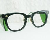 60s Mens Glasses 1960s Safety Eyeglasses Black Horn Rim Large Unisex 48/24 Green Translucent Side Shield Titmus Optical