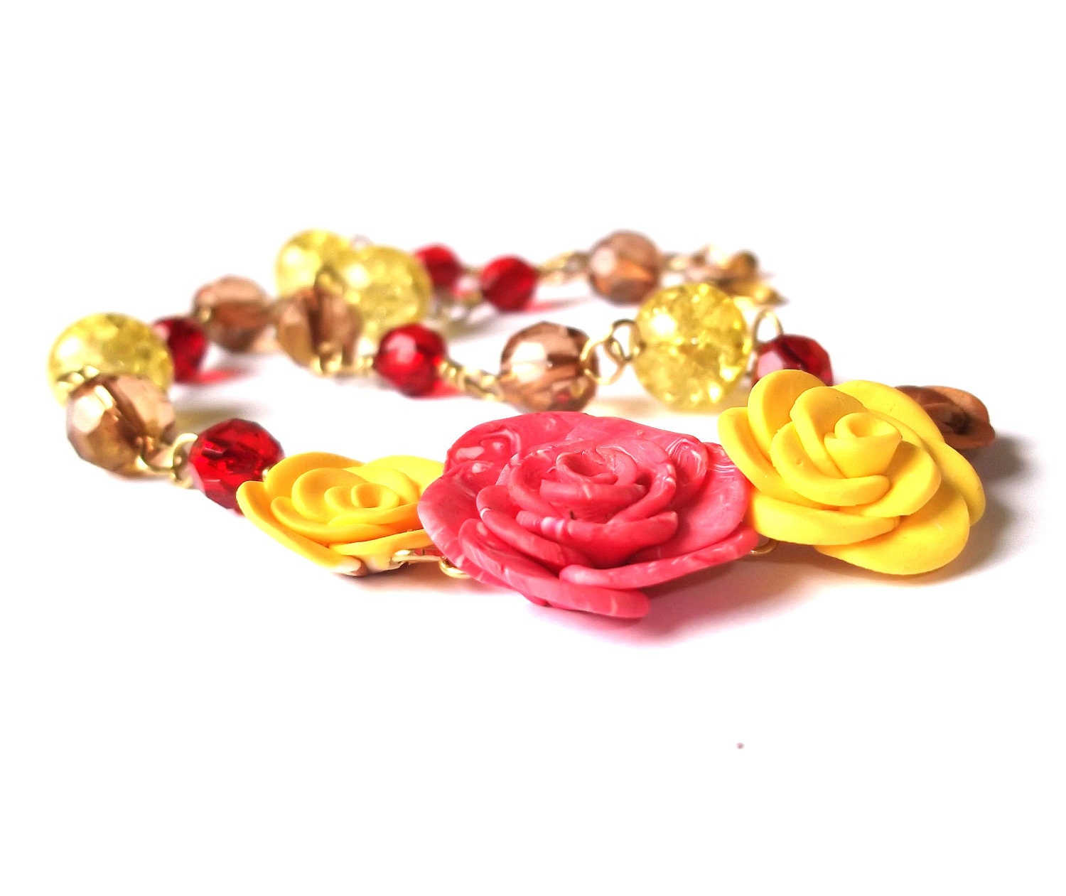 Gold Necklace Yellow Red Brown Roses, Crystals, Czech Glass Beads, Polymer Clay Roses