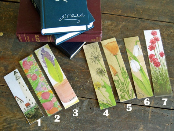 SEVEN bookmarks laminated watercolor reproductions