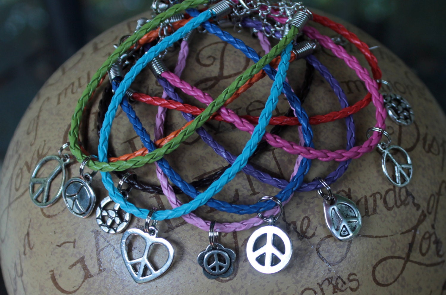 SUMMER OF LOVE Bohemian Hippie Peace Leather Bracelet 3.50 with Free Shipping.