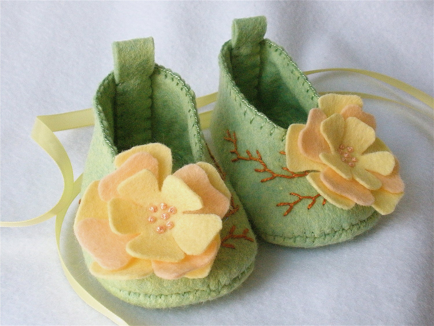 Felt Baby Booties Hand Stitched Pale Green Peach and Yellow Flower Blossoms