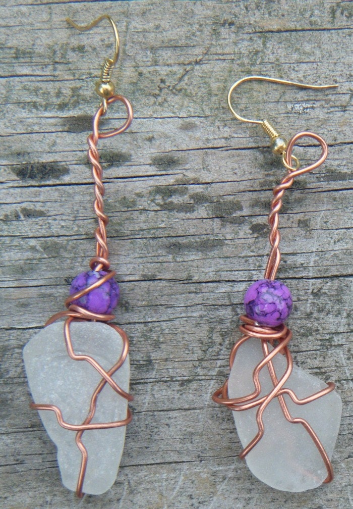 Beach Jewels. Wire Wrapped Sea Glass Earrings. Sea glass earrings wrapped in copper with purple beads. ON SALE WAS 12.00