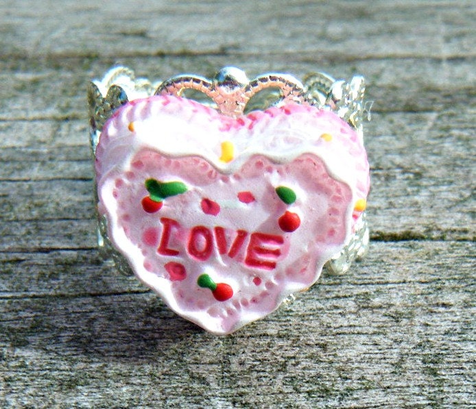 Kawaii Cute Yummy Pink Heart Love Cake Ring. Silver adjustable filigree ring. For adults and children