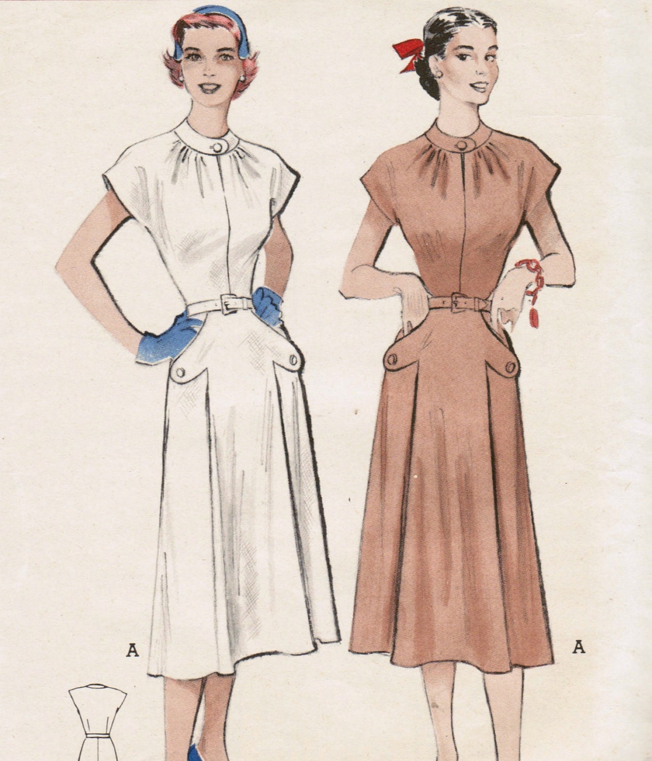 Vintage 50s dress pattern with interesting button detail, slim five gore skirt, high buttoned neckline, short sleeves Butterick 5736 Bust 32
