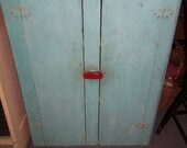 Cottage Cabin Cupboard Cabinet Aqua Green Doors cute Red Latch LOTS of Storage