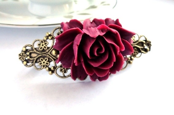 Red rose barrette - hair clip pin, burgundy cranberry garnet black cherry - shabby chic gift for her , oxblood 