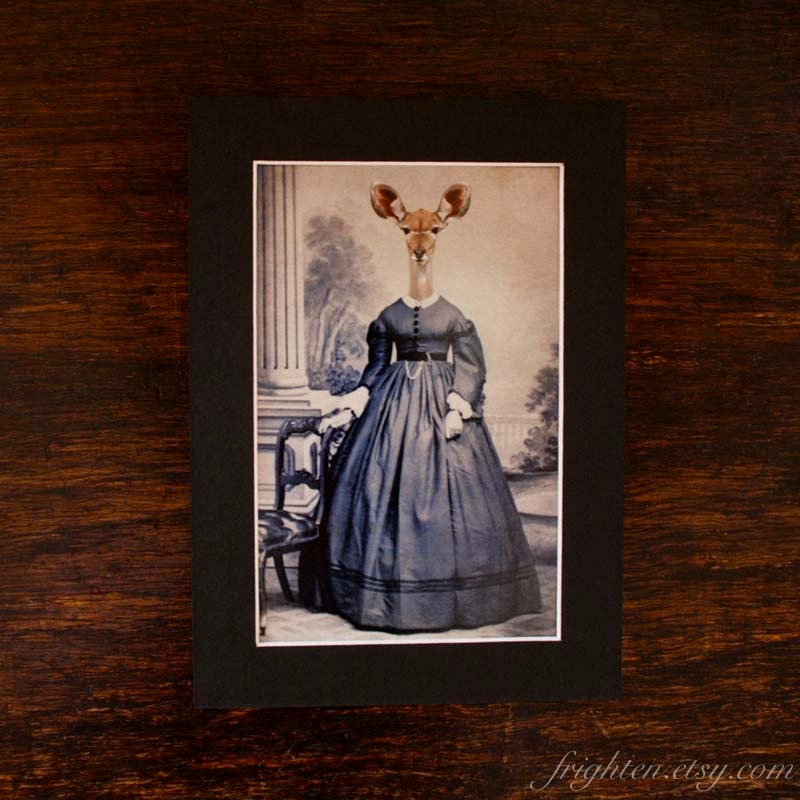 Animal Art Print, Mixed Media Collage, Any print as a 4x6 with a 5x7 black mat, Matted Print